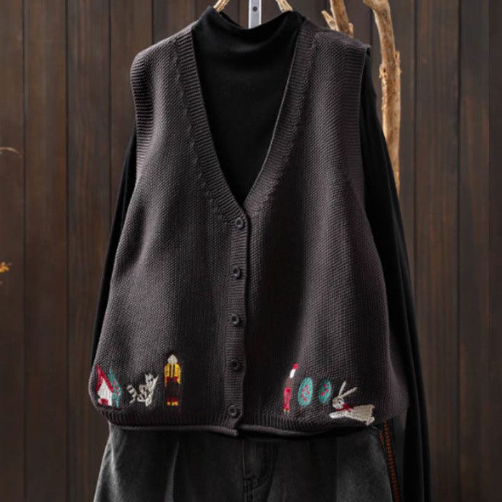 Gilet sans manches en coton tricoté pour femme, orné de Buddha Stones, de lapins et de boutons brodés. - Gris - US4-6，UK/AU8-10，EU36-38 (F) - image 18