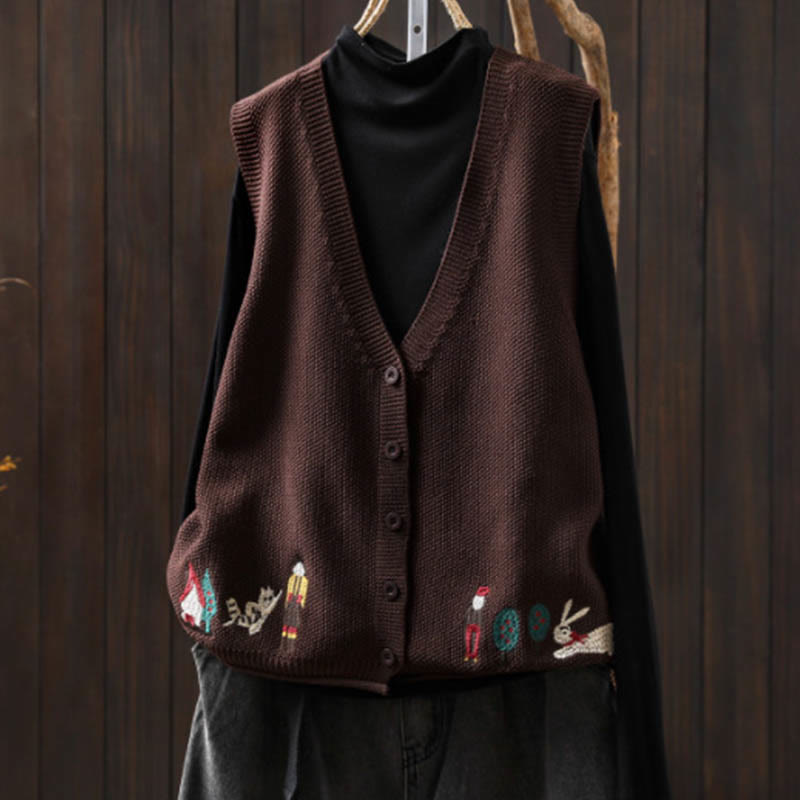 Gilet sans manches en coton tricoté pour femme, orné de Buddha Stones, de lapins et de boutons brodés. - SaddleBrown - US4-6，UK/AU8-10，EU36-38 (F) - image 21