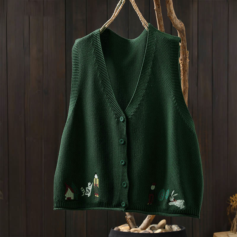 Gilet sans manches en coton tricoté pour femme, orné de Buddha Stones, de lapins et de boutons brodés. - image 3