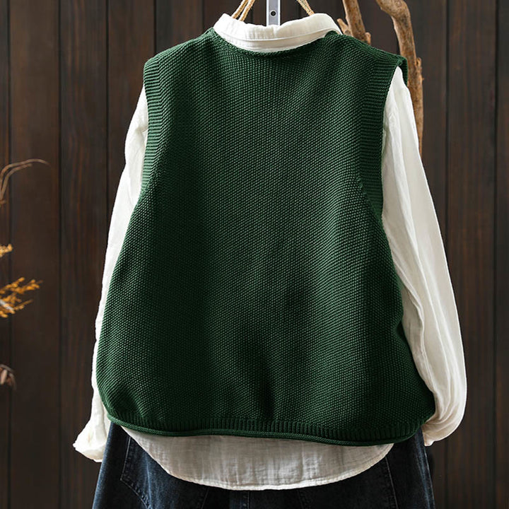 Gilet sans manches en coton tricoté pour femme, orné de Buddha Stones, de lapins et de boutons brodés. - image 4