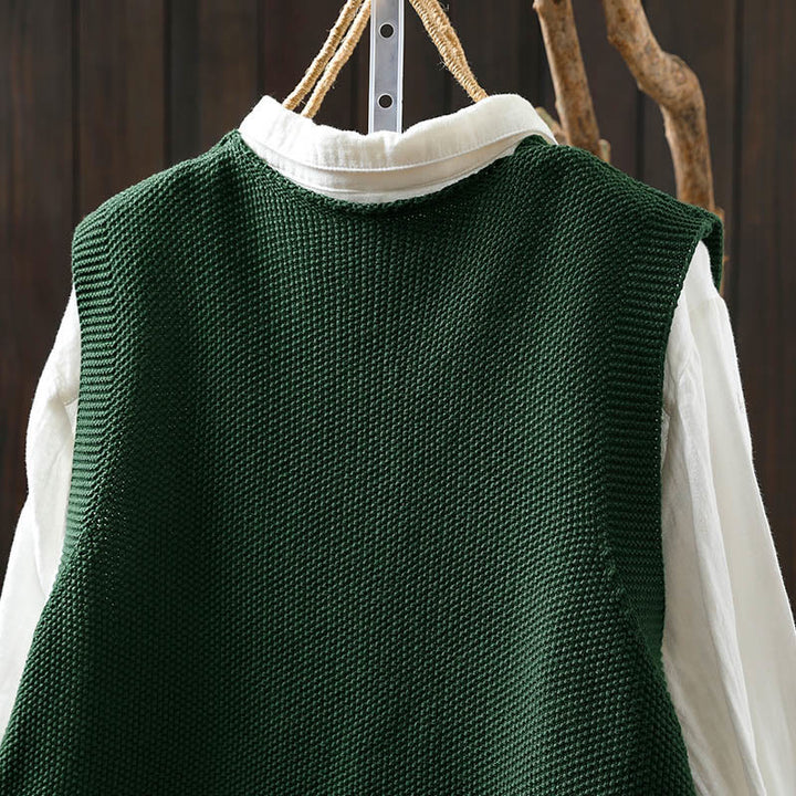 Gilet sans manches en coton tricoté pour femme, orné de Buddha Stones, de lapins et de boutons brodés. - image 6