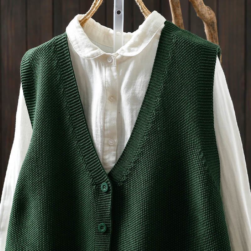 Gilet sans manches en coton tricoté pour femme, orné de Buddha Stones, de lapins et de boutons brodés. - image 5