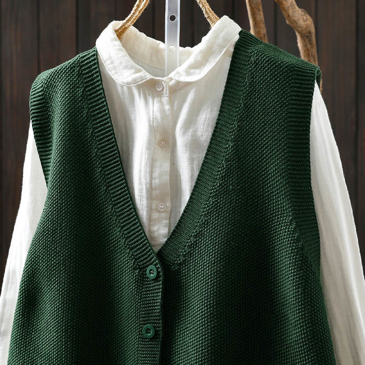 Gilet sans manches en coton tricoté pour femme, orné de Buddha Stones, de lapins et de boutons brodés. - image 5