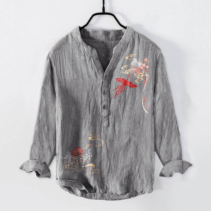 Chemise à manches longues pour homme en coton et lin, motif de Buddha Stones, pavillons de phénix et nuages - Gris - US/UK/AU50，EU60 (5XL) - image 0