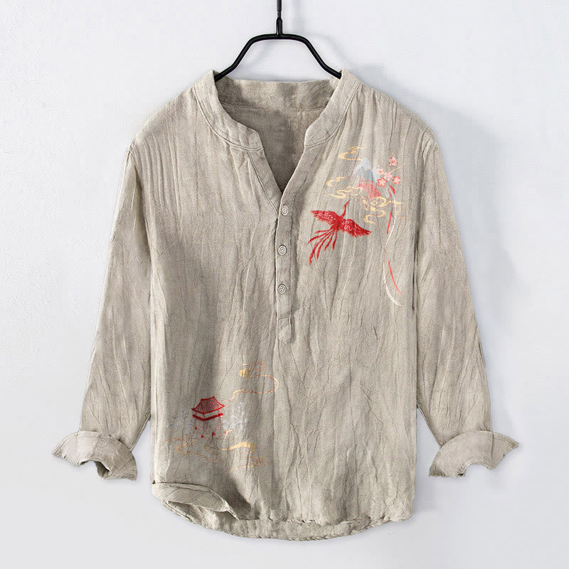 Chemise à manches longues pour homme en coton et lin, motif de Buddha Stones, pavillons de phénix et nuages - Lin - US/UK/AU50，EU60 (5XL) - image 3