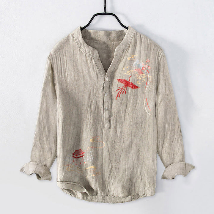 Chemise à manches longues pour homme en coton et lin, motif de Buddha Stones, pavillons de phénix et nuages - Lin - US/UK/AU50，EU60 (5XL) - image 3