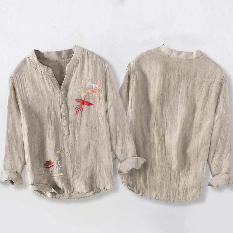 Chemise à manches longues pour homme en coton et lin, motif de Buddha Stones, pavillons de phénix et nuages - image 5