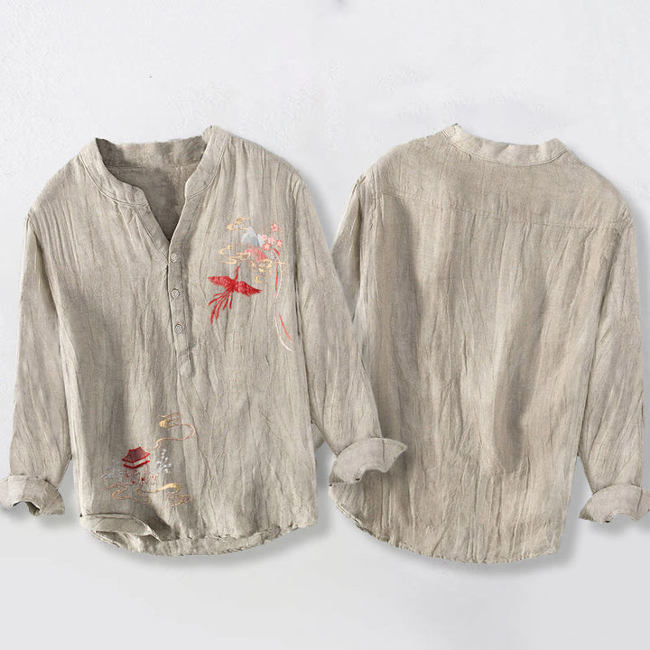 Chemise à manches longues pour homme en coton et lin, motif de Buddha Stones, pavillons de phénix et nuages - image 5