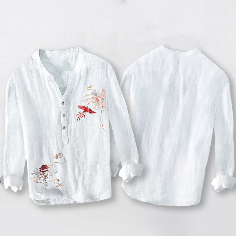 Chemise à manches longues pour homme en coton et lin, motif de Buddha Stones, pavillons de phénix et nuages - image 8