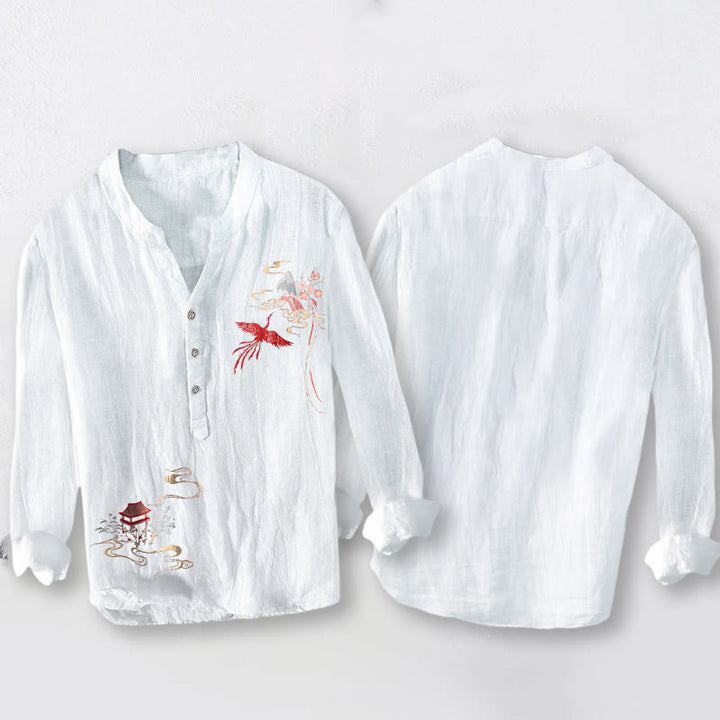 Chemise à manches longues pour homme en coton et lin, motif de Buddha Stones, pavillons de phénix et nuages - image 8