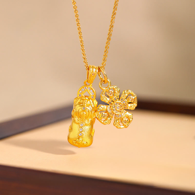 Collier pendentif croix Pixiu Dorje Vajra en laiton plaqué or 24 carats Buddha Stones - image 0