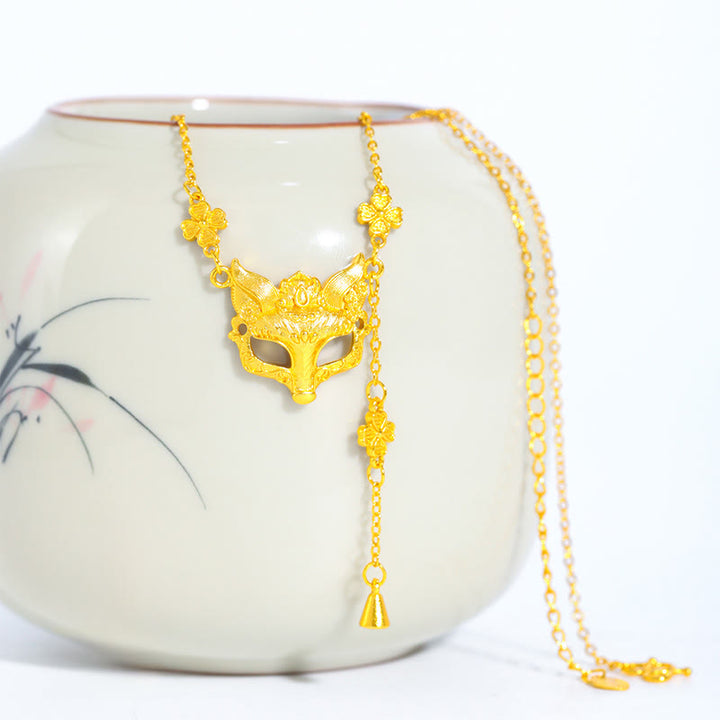 Collier pendentif en cuivre avec pompon et motif floral en pierre de Bouddha et renard doré - image 0