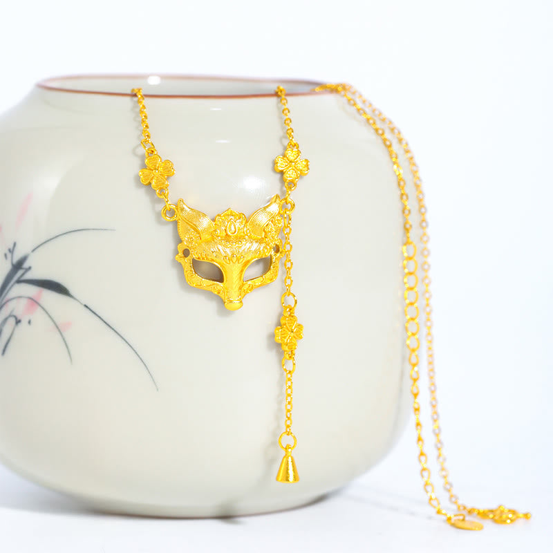 Collier pendentif à pompon en laiton plaqué or 24 carats avec motif de renard et de fleur, orné d'une pierre de Bouddha - image 0