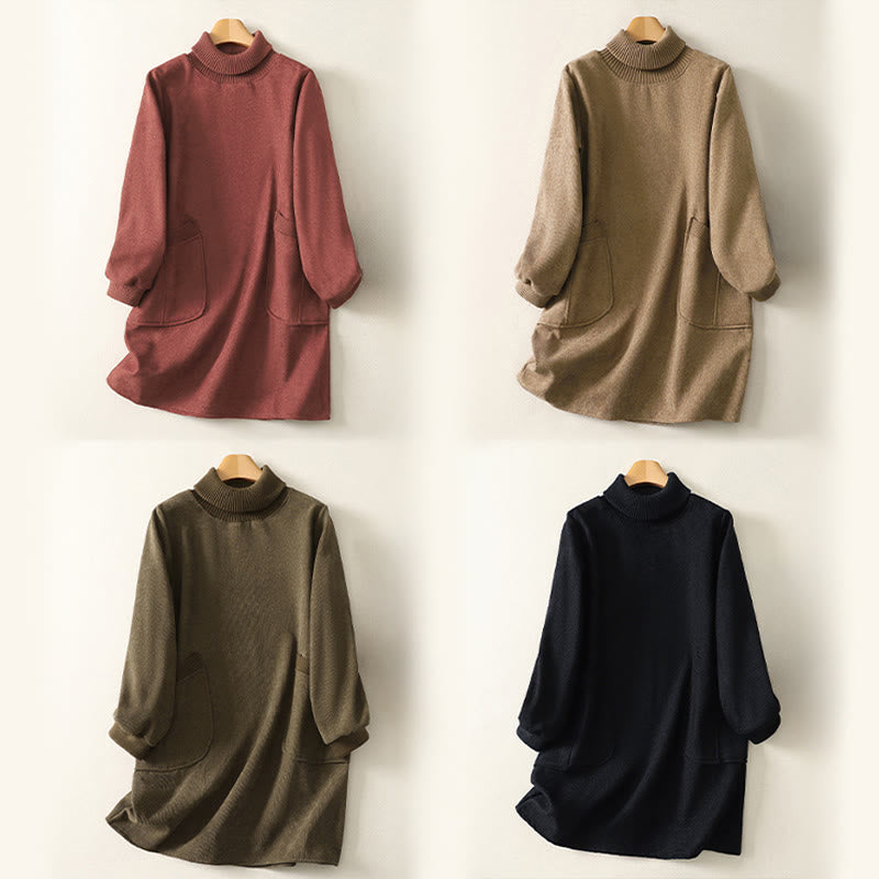 Robe midi d'hiver à col montant et manches longues en coton chaud pour femme, avec poches , Buddha Stones - image 26