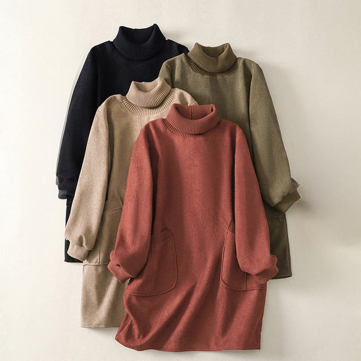 Robe midi d'hiver à col montant et manches longues en coton chaud pour femme, avec poches , Buddha Stones - image 0