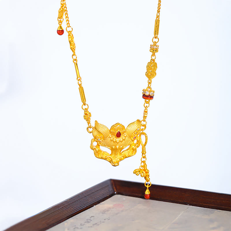 Collier pendentif équilibre en pierre de Bouddha, motif renard cuivré et pompon - image 2