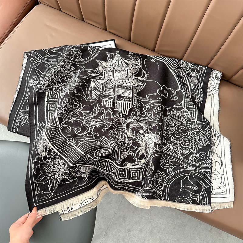 Écharpe-châle douillette à motif de Buddha Stones koi, de fleurs et de vagues - Noir - 180 x 65 cm - image 4