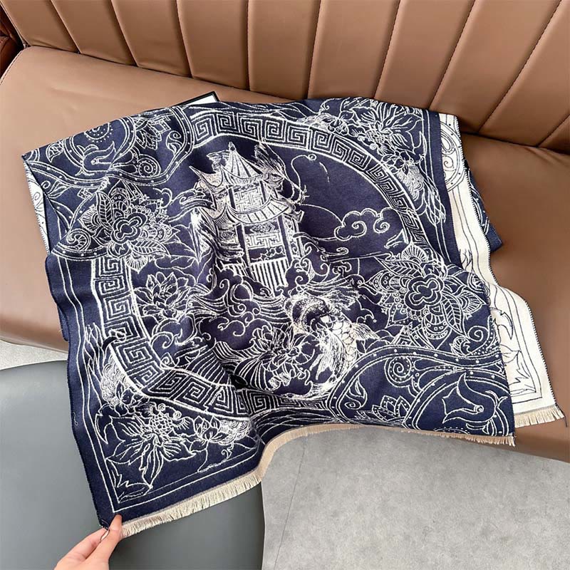 Écharpe-châle douillette à motif de Buddha Stones koi, de fleurs et de vagues - SteelBlue - 180 x 65 cm - image 9