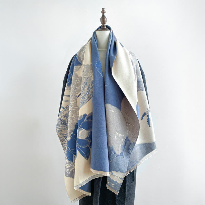 Écharpe douce à motif de Buddha Stones, cigognes, fleurs de lotus et feuilles, hiver. - image 9