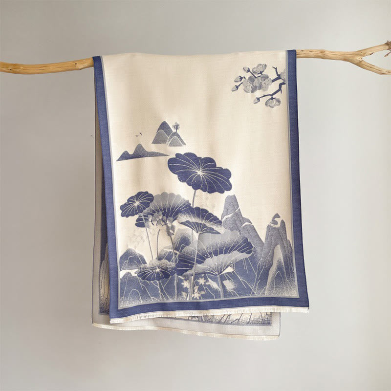 Écharpe-châle douce à motif de Buddha Stones, de fleurs de lotus et de feuilles de montagne hivernales - SteelBlue - 180 x 65 cm - image 6