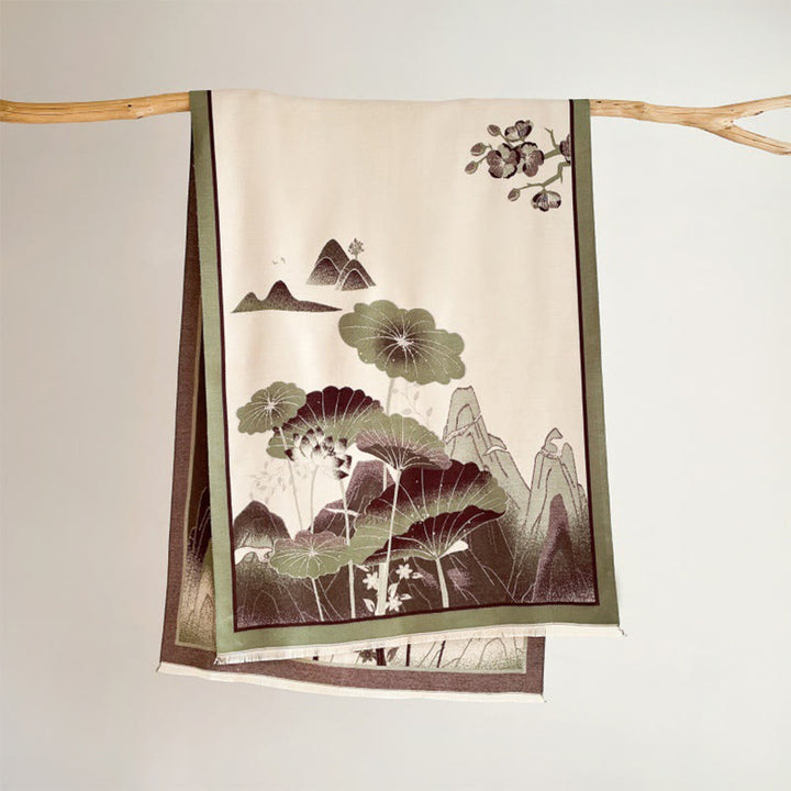 Écharpe-châle douce à motif de Buddha Stones, de fleurs de lotus et de feuilles de montagne hivernales - Vert olive - 180 x 65 cm - image 3