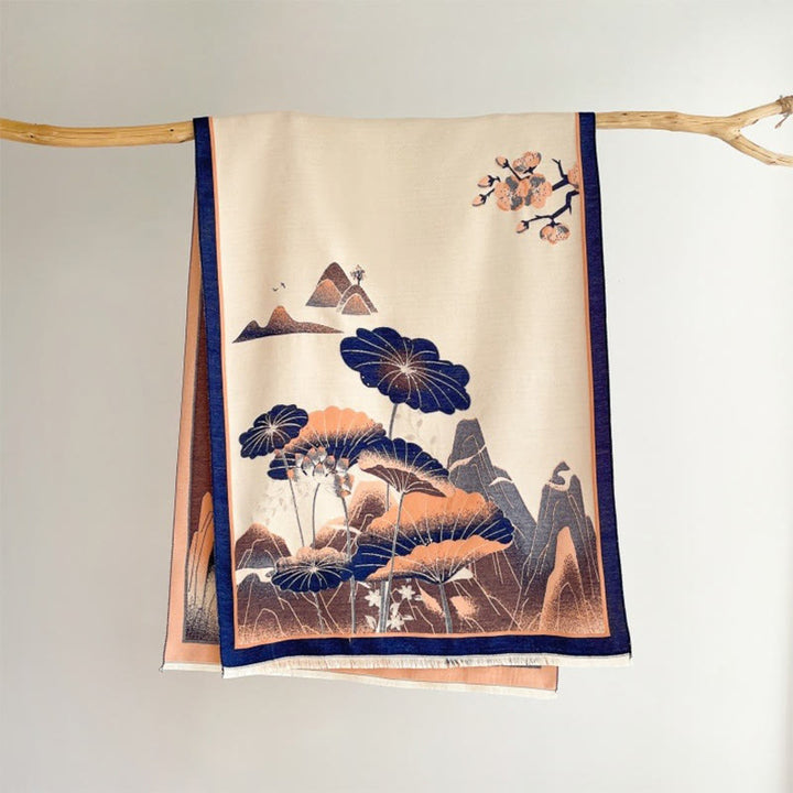 Écharpe-châle douce à motif de Buddha Stones, de fleurs de lotus et de feuilles de montagne hivernales - Marine - 180 x 65 cm - image 13