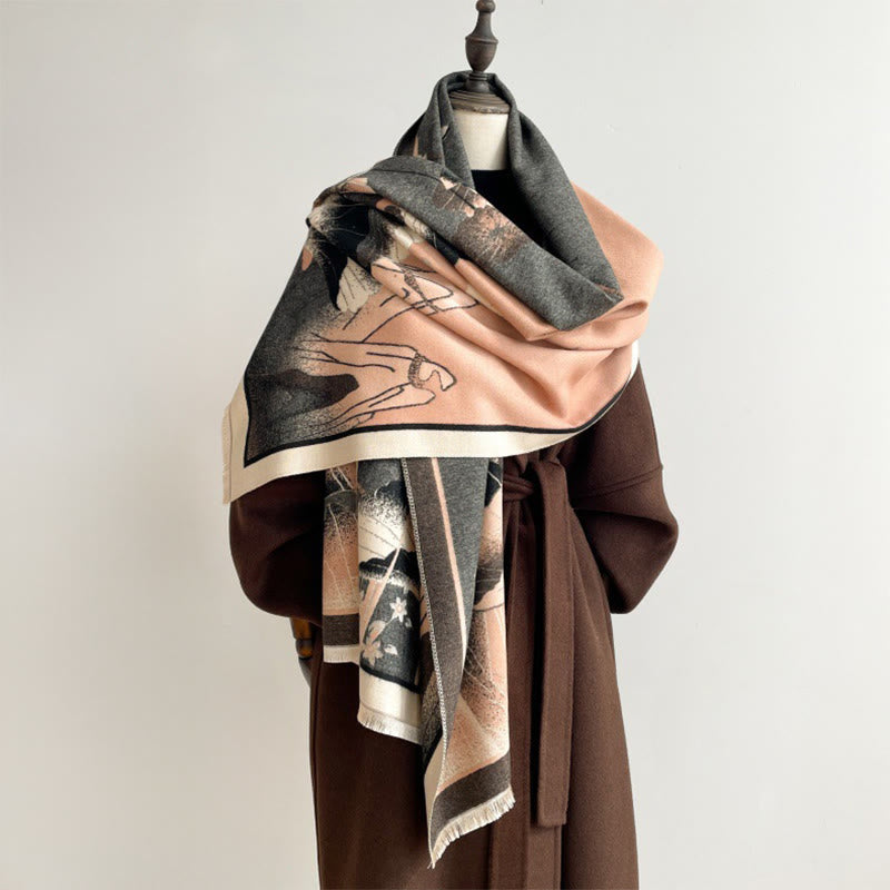 Écharpe-châle douce à motif de Buddha Stones, de fleurs de lotus et de feuilles de montagne hivernales - SandyBrown - 180 x 65 cm - image 0