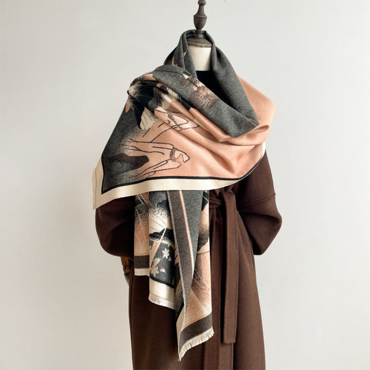 Écharpe-châle douce à motif de Buddha Stones, de fleurs de lotus et de feuilles de montagne hivernales - SandyBrown - 180 x 65 cm - image 0