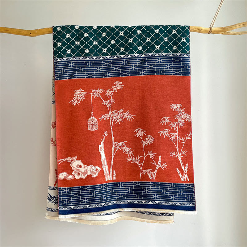 Écharpe-châle douillette à motif de petits oiseaux et de feuilles de bambou en forme de Buddha Stones - image 1