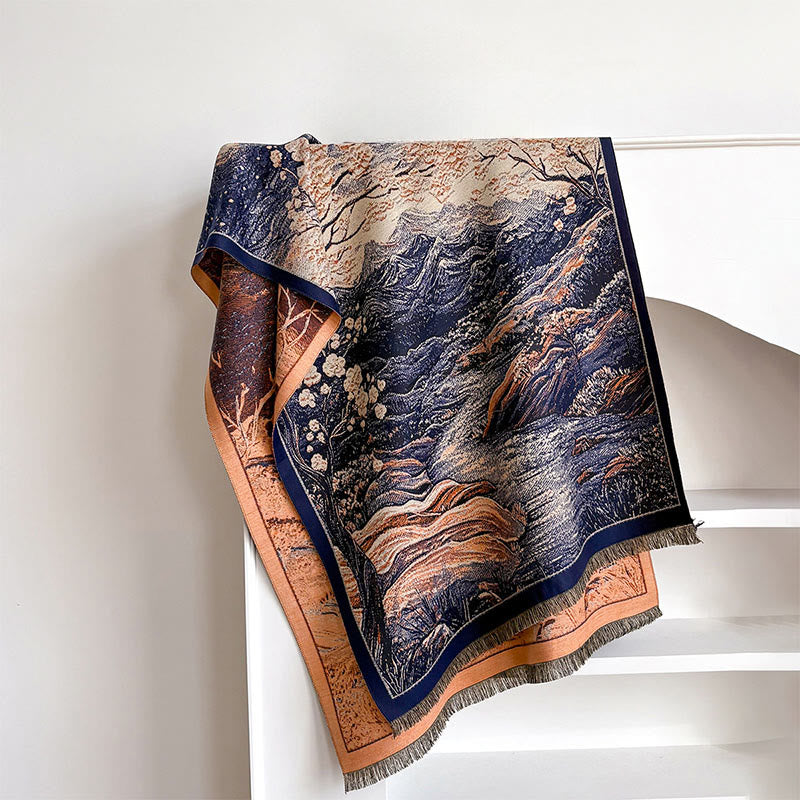 Écharpe-châle douillette à motif de Buddha Stones , dégradé de couleurs hivernales, collines chaudes et arbres - image 1