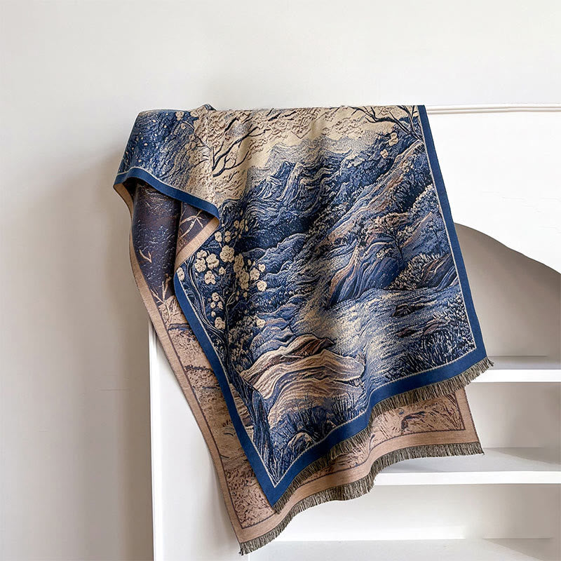 Écharpe-châle douillette à motif de Buddha Stones , dégradé de couleurs hivernales, collines chaudes et arbres - SteelBlue - 185 x 65 cm - image 7