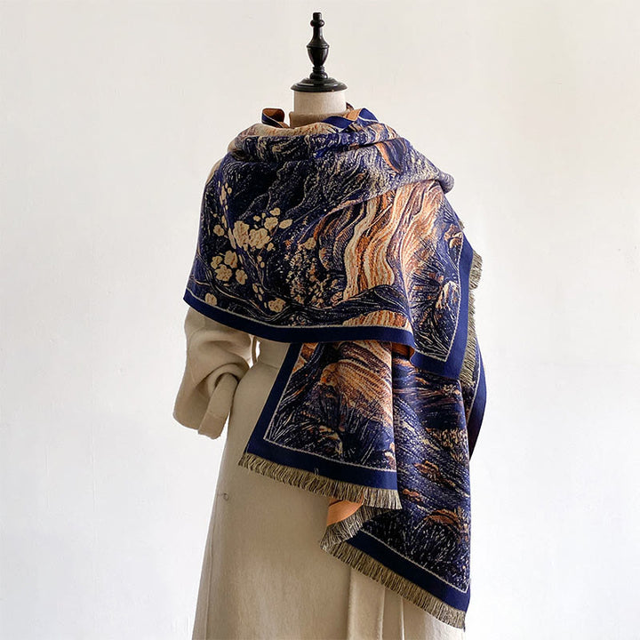 Écharpe-châle douillette à motif de Buddha Stones , dégradé de couleurs hivernales, collines chaudes et arbres - Bleu foncé - 185 x 65 cm - image 0