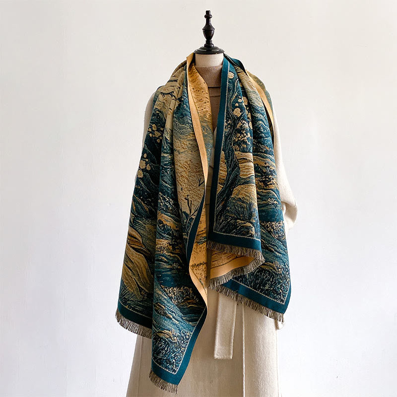Écharpe-châle douillette à motif de Buddha Stones , dégradé de couleurs hivernales, collines chaudes et arbres - image 3