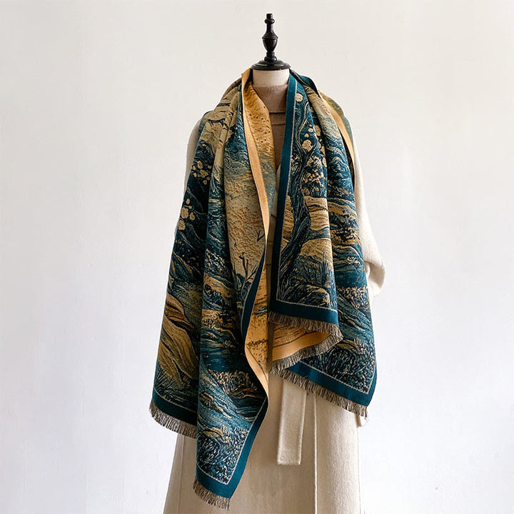 Écharpe-châle douillette à motif de Buddha Stones , dégradé de couleurs hivernales, collines chaudes et arbres - image 3