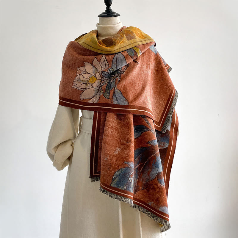 Écharpe-châle chaude et confortable avec motif de Buddha Stones, de fleurs de magnolia blanches d'hiver et de petits oiseaux. - image 9