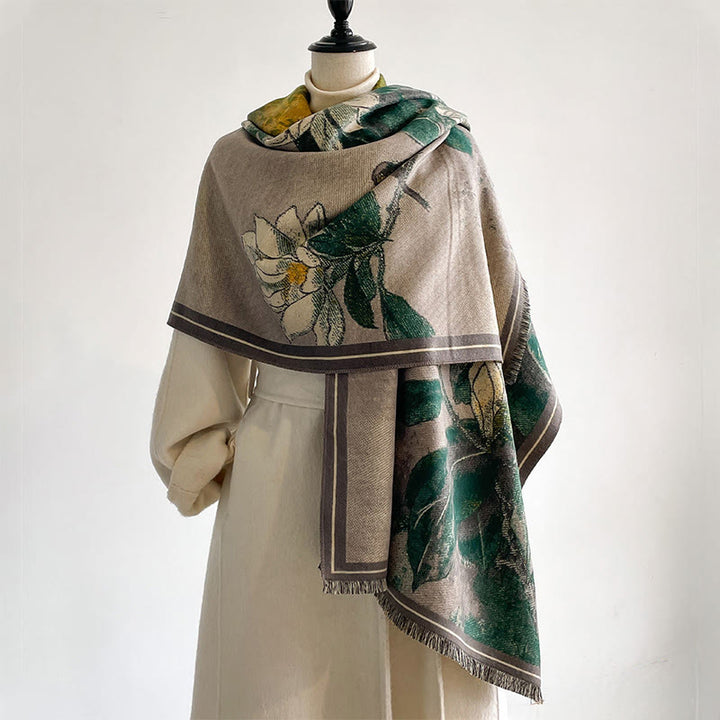 Écharpe-châle chaude et confortable avec motif de Buddha Stones, de fleurs de magnolia blanches d'hiver et de petits oiseaux. - DarkCyan - 185 x 65 cm - image 0