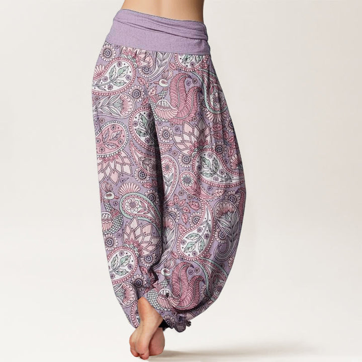 Pantalon Buddha Stones taille élastique pour femme en pur coton avec motif de fleurs de cajou, de paon et de tournesol - image 1