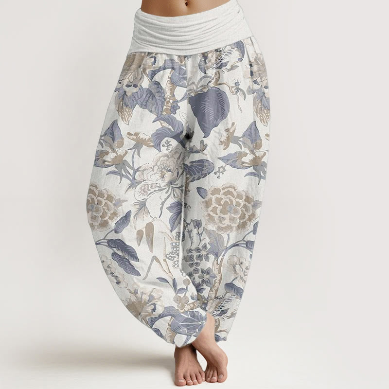 Pantalon Buddha Stones taille élastique pour femme en pur coton avec motif feuilles de lotus et pivoines - Ivoire - US22，UK/AU26，EU54 (6XL) - image 0
