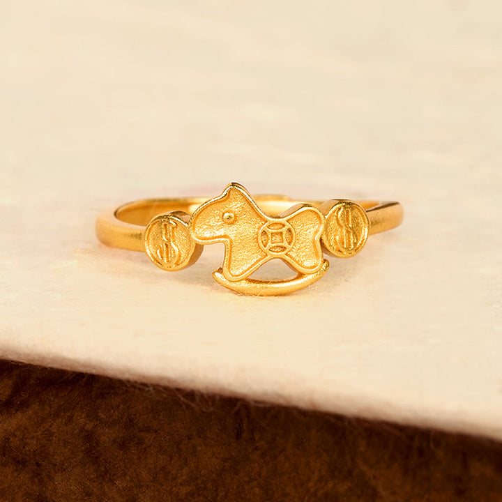 Bague ajustable en laiton plaqué or 24 carats avec pièce de monnaie représentant l'année du Cheval, ornée de Buddha Stones. - image 2