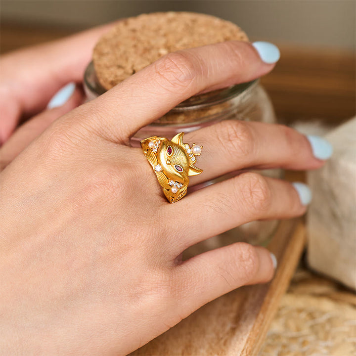 Bague ajustable en laiton plaqué or 24 carats avec motif tête de renard et Buddha Stones - image 5