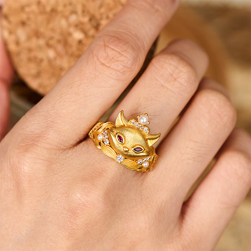 Bague ajustable en laiton plaqué or 24 carats avec motif tête de renard et Buddha Stones - image 4