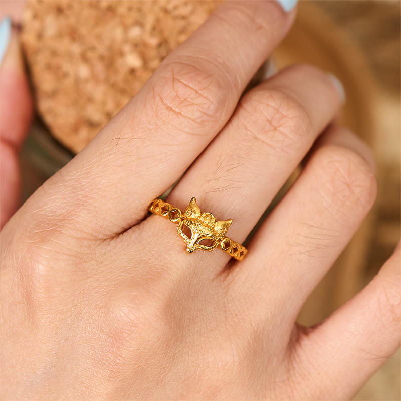Bague ajustable en laiton plaqué or 24 carats avec motif renard creux et Buddha Stones - image 4