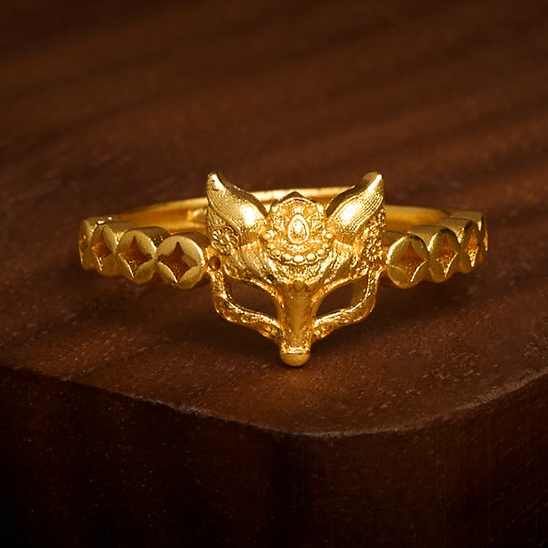 Bague ajustable en laiton plaqué or 24 carats avec motif renard creux et Buddha Stones - image 1