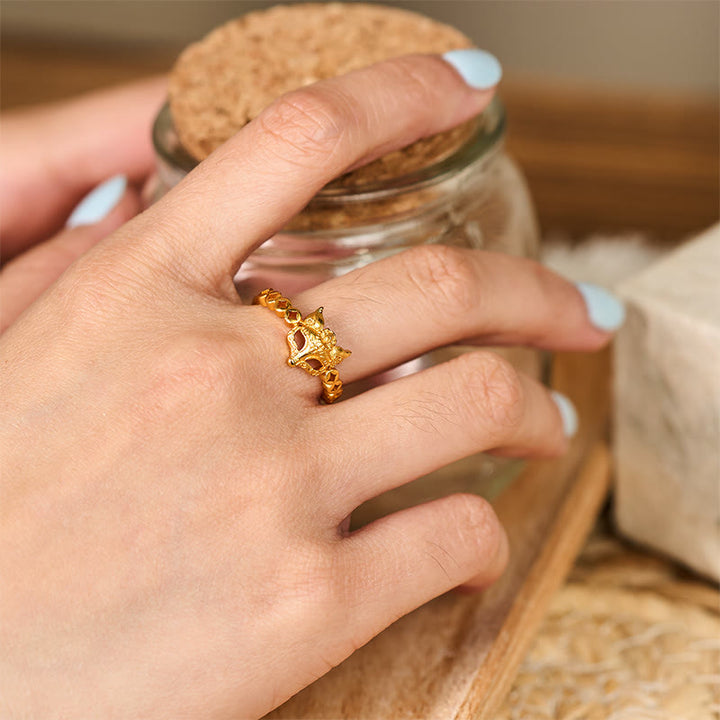 Bague ajustable en laiton plaqué or 24 carats avec motif renard creux et Buddha Stones - image 5