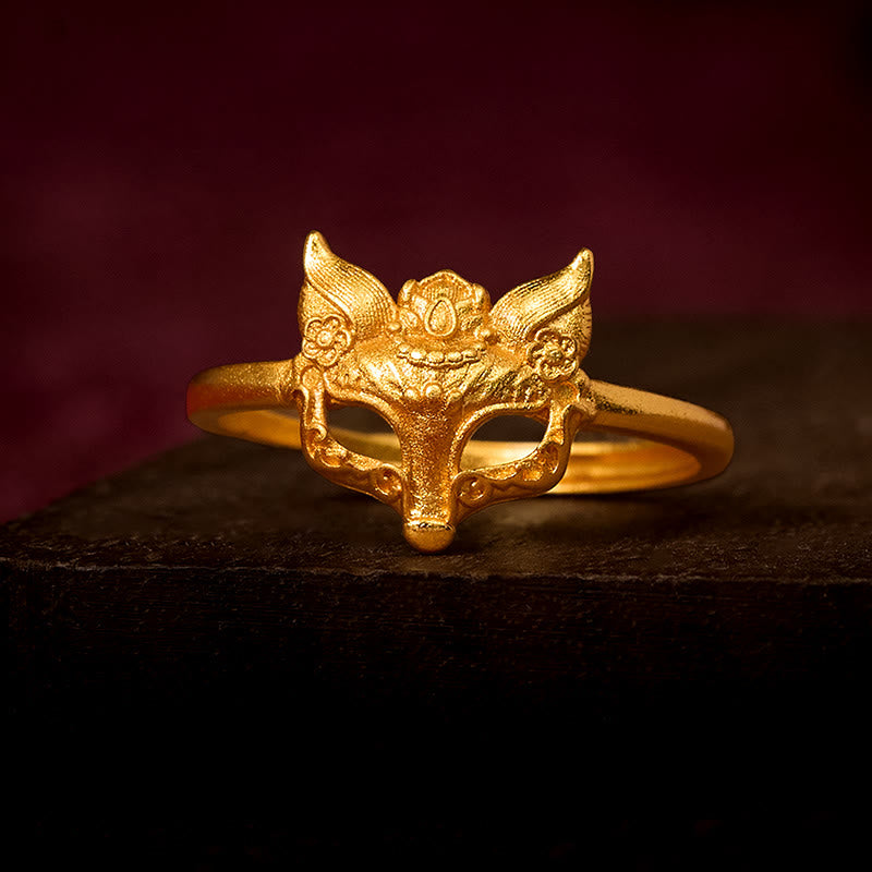 Bague en laiton plaqué or 24 carats avec masque de renard Buddha Stones - Réglable - image 0