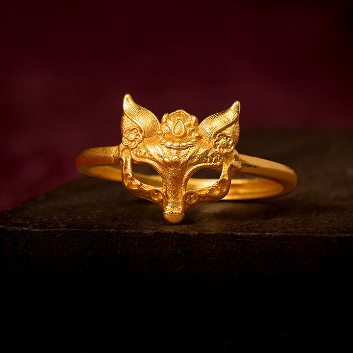 Bague en laiton plaqué or 24 carats avec masque de renard Buddha Stones - Réglable - image 0