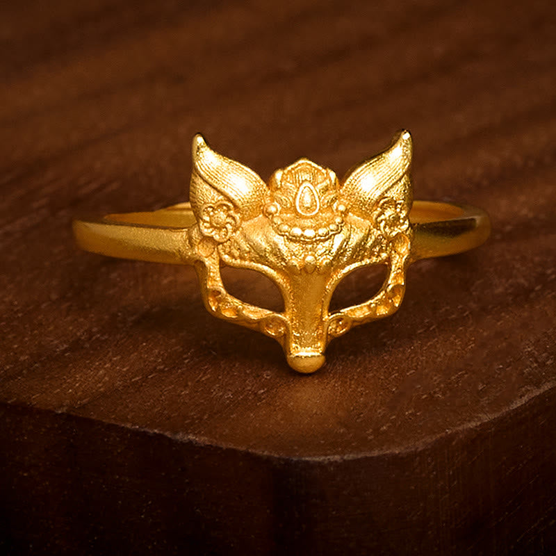 Bague en laiton plaqué or 24 carats avec masque de renard Buddha Stones - image 1