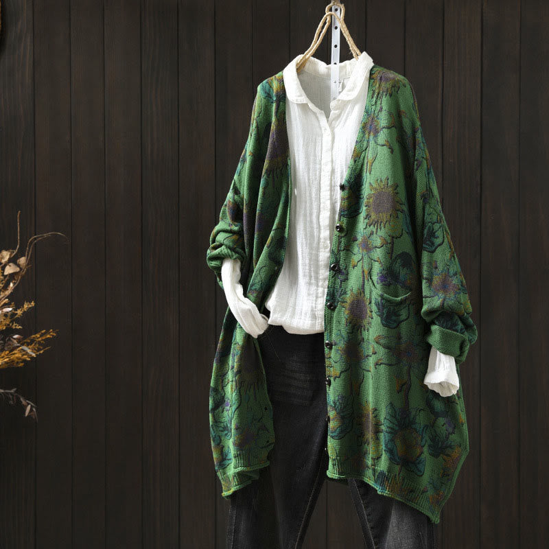 Gilet cardigan mi-long à manches longues pour femme, en maille, avec poches, orné de tournesols et de boutons, Buddha Stones - Vert mer moyen - US4-8/10，UK/AU8-12/14，EU36-40/42 (F) - image 0