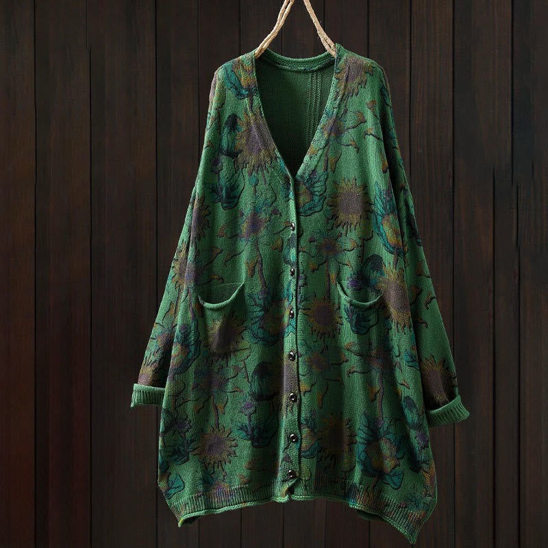 Gilet cardigan mi-long à manches longues pour femme, en maille, avec poches, orné de tournesols et de boutons, Buddha Stones - image 1