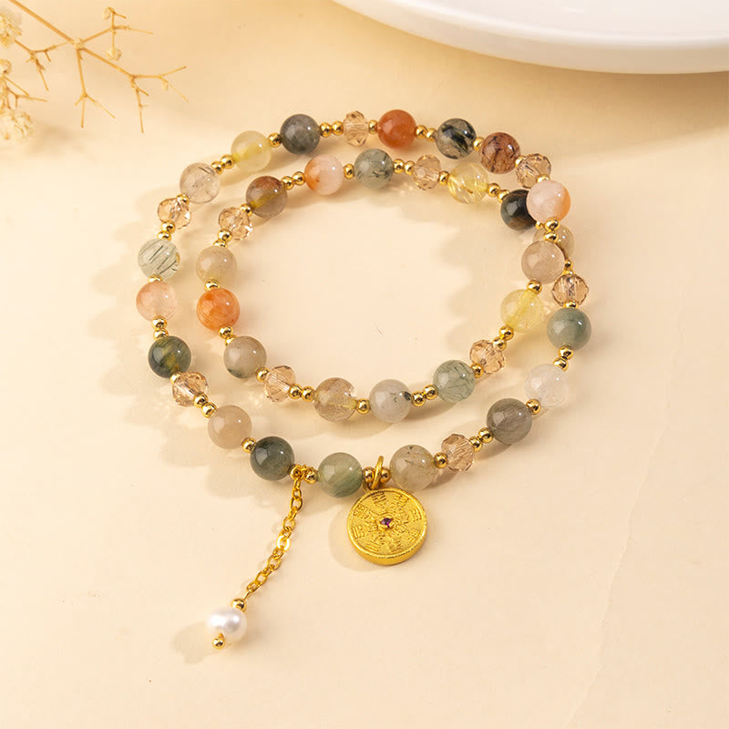 Bracelet double tour en cuivre, quartz rutile coloré et Buddha Stones, symbole de bonne augure - image 1
